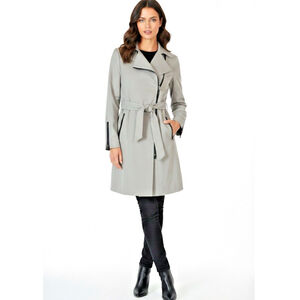 Mackage Estela Asymmetrical Leather Trim Belted Knee Length Trench Coat Sz XXS